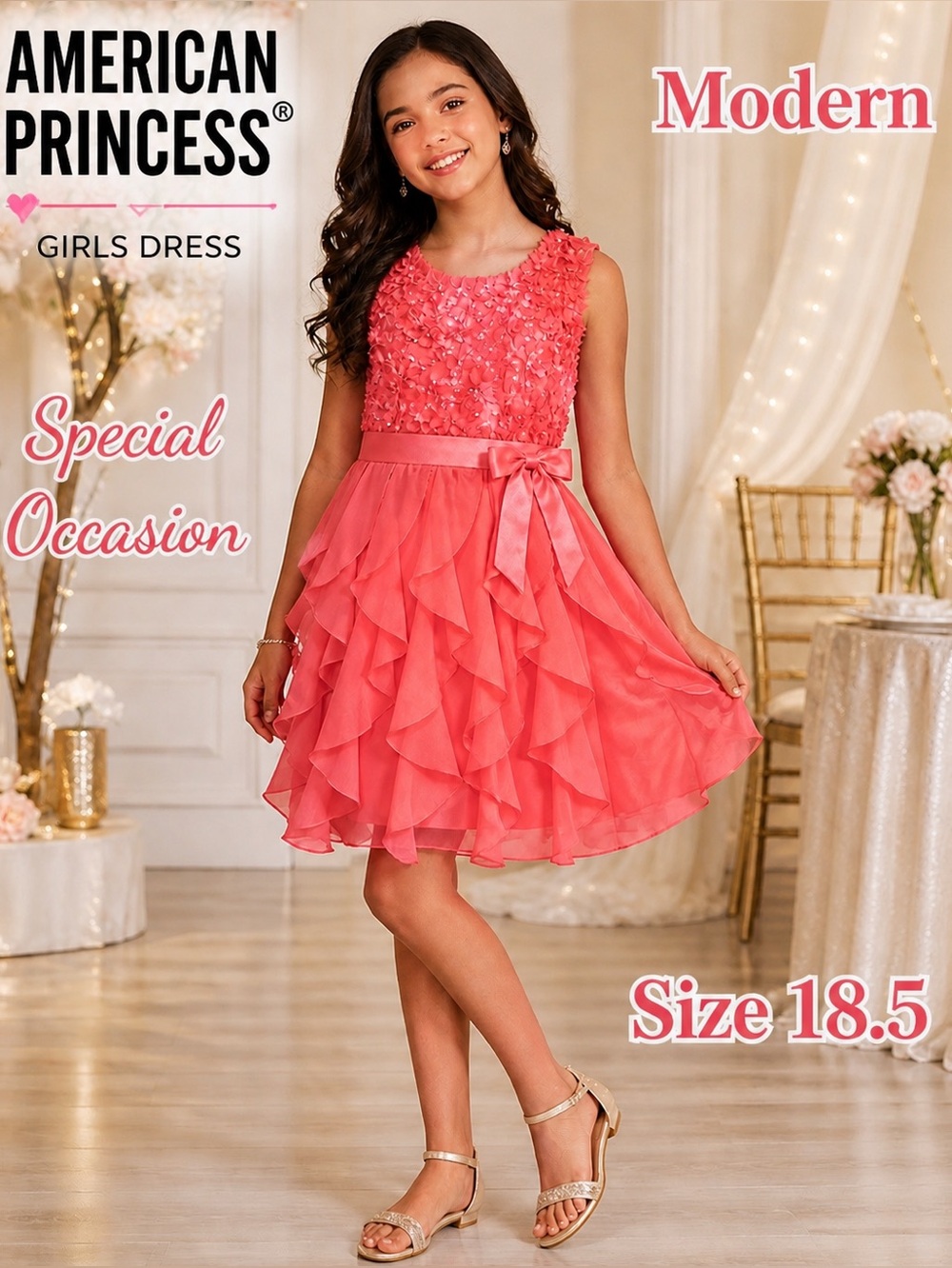 American Princess Coral Sequin Floral Ruffle Dress Girls 18.5